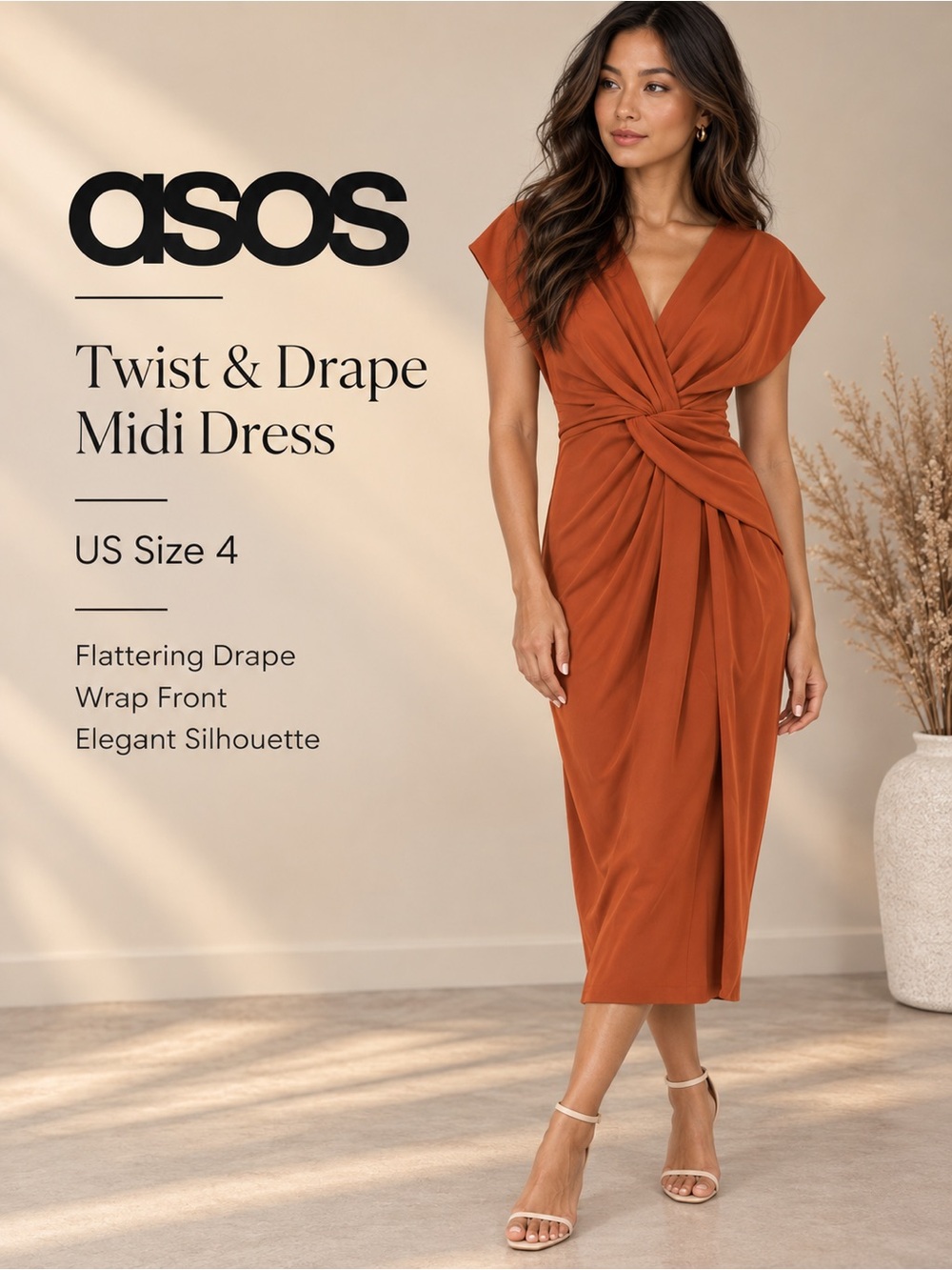 ASOS Twist & Drape Midi Dress in Rust Orange